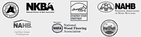 Logos for National Kitchen and Bath Assn., Better Business Bureau, National Association of Home Builder and National Wood Flooring Assn.